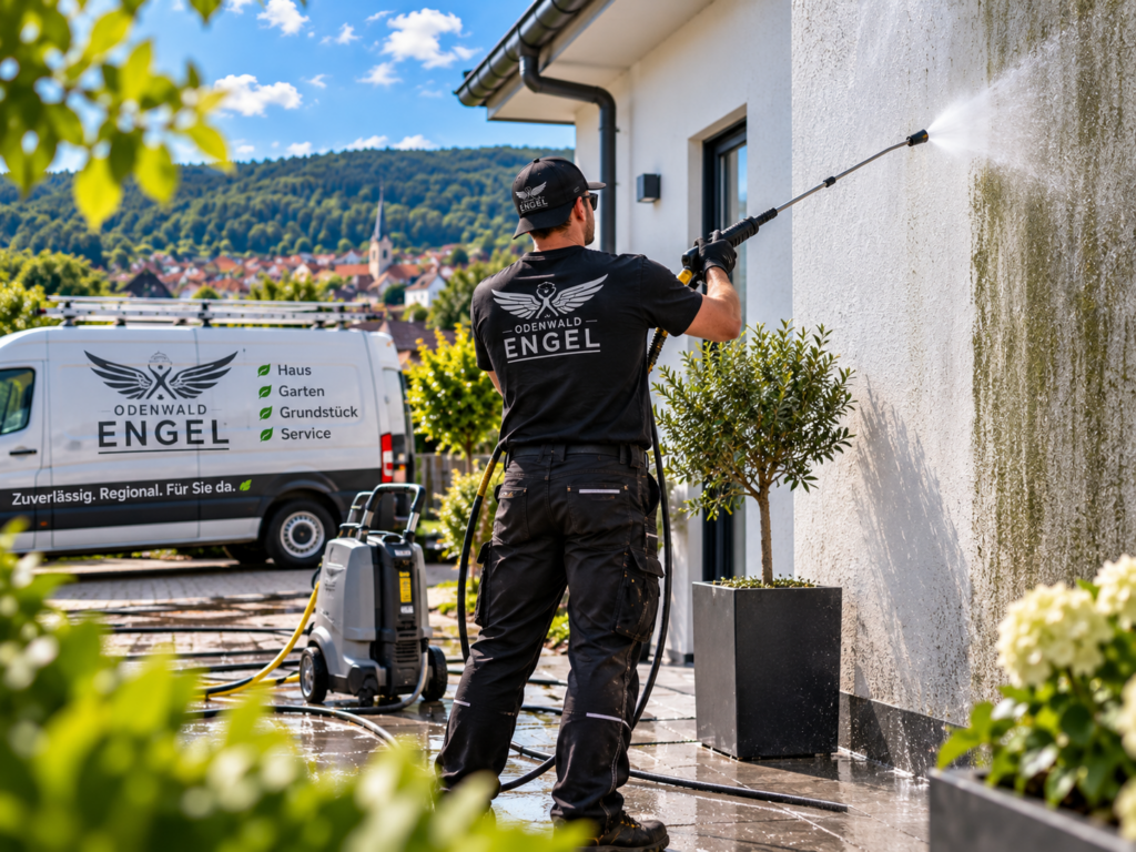 Odenwald Engel bei professioneller Fassadenreinigung im Odenwald