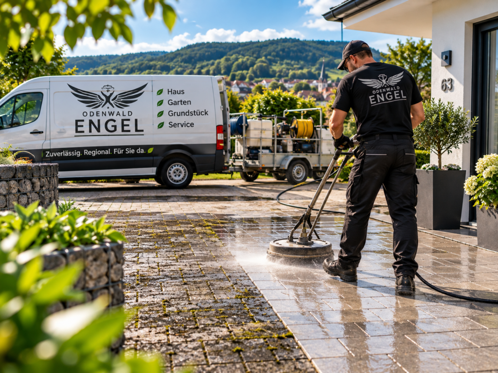 Odenwald Engel bei professioneller Pflaster- und Flächenreinigung im Odenwald